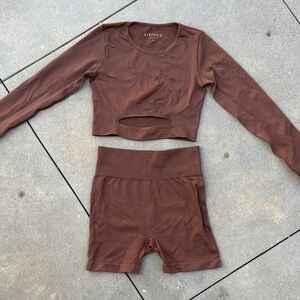 L*Space Brown Long Sleeve Crop Top & High-Waist Bike Shorts Set